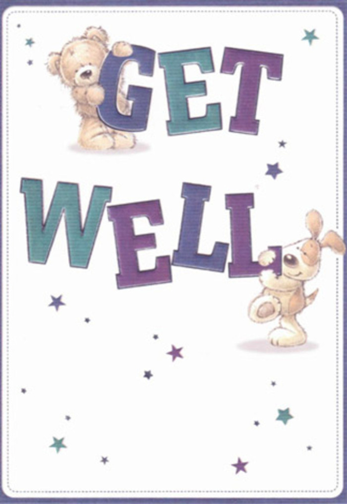 This get well card shines as a celebration of gentle encouragement, its design reflecting the warmth and neighbourly care that defines Thames Ditton. At the heart of the composition sit a smiling bear and a lively puppy, their soft, inviting coats illuminated by clusters of playful stars twinkling overhead-each star carrying a silent wish for wellness, much like the collective goodwill that permeates Thames Ditton's welcoming lanes. The typography, confident and bold in layers of purple and aqua, anchors the message with cheerful sincerity. The attention to physical texture is remarkable: the bear's downy fur and the puppy's velvety ears are illustrated in soft, flowing strokes, conjuring a sense of touch even through the page. One can picture this card accompanying a bouquet carefully selected at Flowers Thames Ditton, the combined gesture amplifying the sentiment of care. The card's light, airy feel captures the fresh spirit of this Surrey village, perfect for sending a heartfelt message to someone on Station Road or in need of encouragement in a hospital nearby. Artistically, this design balances playfulness and hope, crafting a mood that uplifts with meaningful tenderness and community spirit.