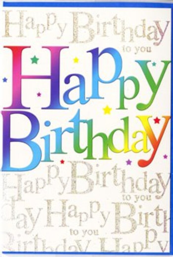 This birthday card has the visual exuberance of a street party near Thames Ditton's High Street, captured and refined into a single, joyful design. Taking centre stage is the phrase Happy Birthday, written in bold, confident letters that span the card from side to side. Each letter is coloured with a rich gradient, moving fluidly through jewel-like tones-cherry, rose, mandarin, gold, lime, emerald, teal, and sapphire-creating a rainbow effect that feels both deliberate and effortlessly cheerful, much like a thoughtfully planned bouquet filled with every favourite colour. The lettering appears smooth and slightly raised, as though printed with a glossy finish that lets it catch every glint of ambient light. Behind this dynamic message lies a more delicate layer: the entire background is overlaid with lines of cursive script repeating Happy Birthday to you in fine gold ink. The handwriting loops and curls with a gentle elegance, its metallic sheen reminiscent of the way streetlights reflect along the surface of the Thames at dusk. Here and there, small specks of colour and tiny star motifs are sprinkled between the letters, adding a suggestion of scattered confetti and giving the card a sense of motion and festivity. The visual balance between the bold rainbow headline and the subtle, shimmering background detail creates an impression of depth and care. It feels like the sort of card a local florist might choose to tuck beside a vibrant birthday bouquet, enhancing the sense of celebration for residents across Thames Ditton and the neighbouring riverside streets.