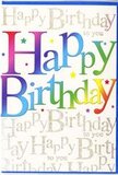 This birthday card seems to hold the spirit of a colourful celebration in Thames Ditton, the kind that fills a home with laughter and bright decorations. The main focus is an expansive Happy Birthday printed in large, friendly letters, each one soaked in a different shade from a smooth-running rainbow. The colours melt from intense red into radiant pink, through orange and golden yellow, then into grassy green, turquoise blue, and delicate violet, creating a flowing spectrum that feels as harmonious as a florist's carefully graded arrangement. The surface of the letters looks sleek and subtly glossy, so they appear to glisten when imagined under soft indoor lighting. Set behind this exuberant phrase is a background of fine, looping gold script, repeating Happy Birthday to you in gentle, rhythmic lines. The metallic ink gives off a refined shimmer, similar to the way decorative foil balloons might catch the light at a party along the riverside. Tiny dots of colour and small star-like shapes are scattered lightly around the central message, like confetti mid-toss or the final sparkles after a birthday candle is blown out. The overall impression is one of layered celebration: strong, modern colour balanced by graceful, traditional cursive. It feels like an especially thoughtful choice to accompany a fresh birthday bouquet from Flowers Thames Ditton, adding visual exuberance and heartfelt sentiment to a delivery made to friends, family, or colleagues living throughout the local KT7 community.